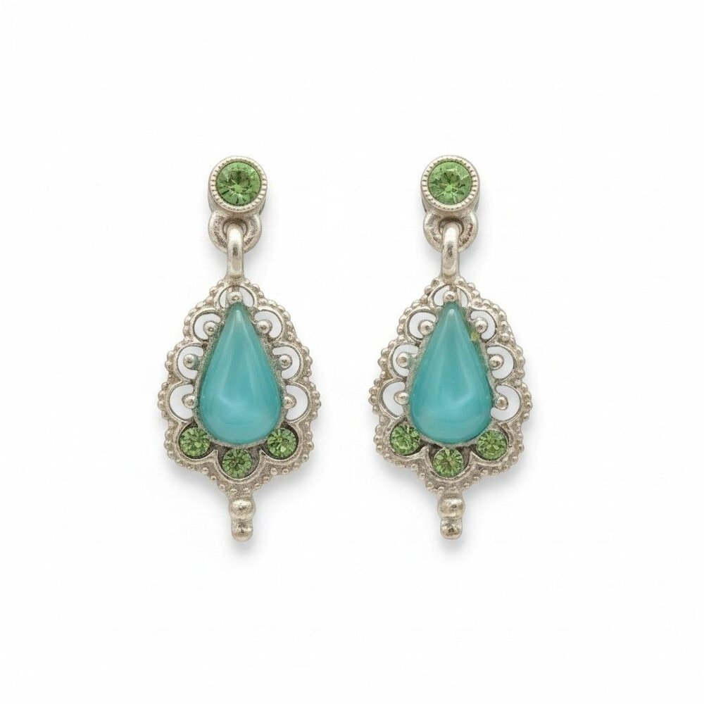Vintage Silver Clip-On Earrings With Turquoise & Green Crystal Teardrop Design